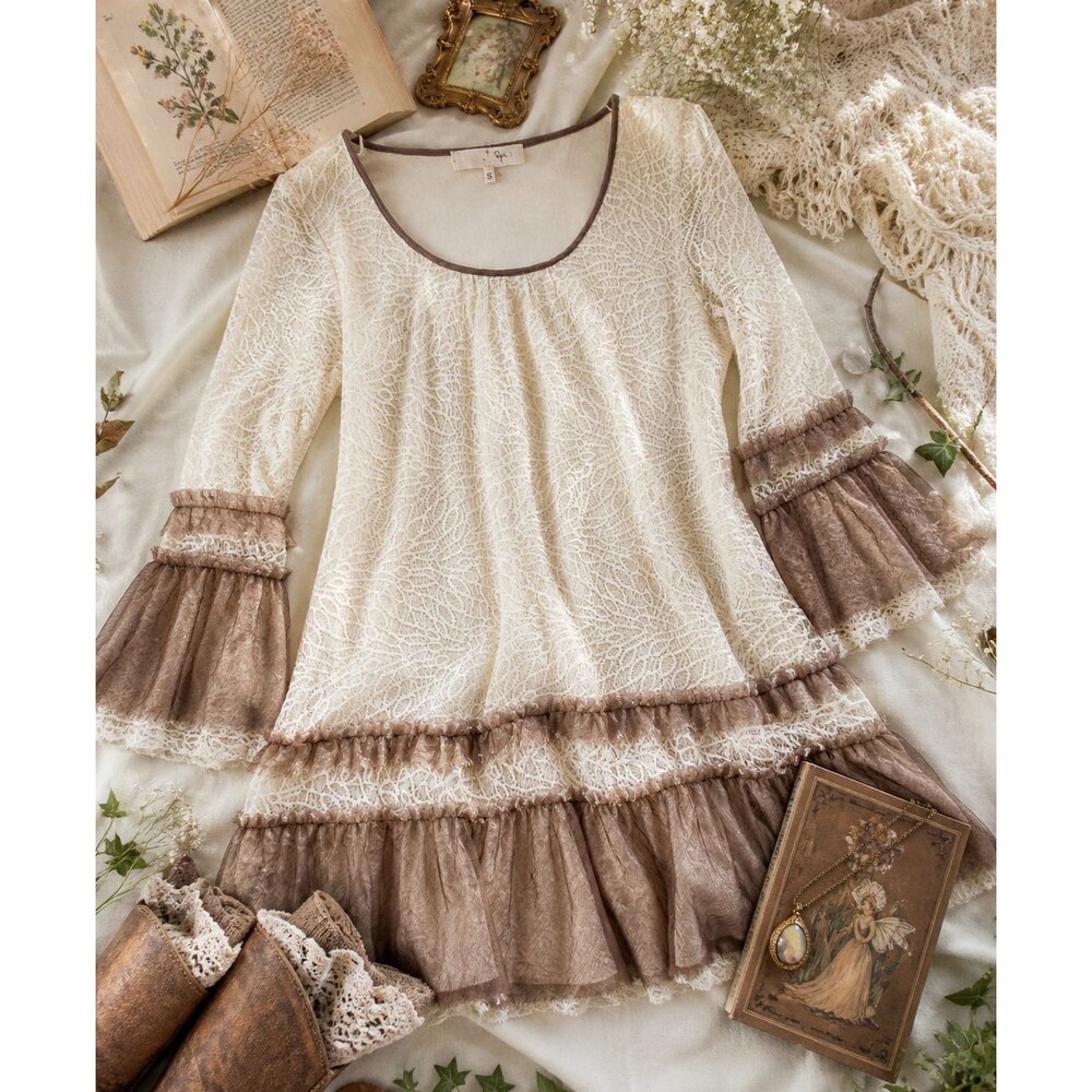 Ryu Lace Ruffle Dress Womens Small Boho Cream Brown Sheer Layered Bell Sleeve